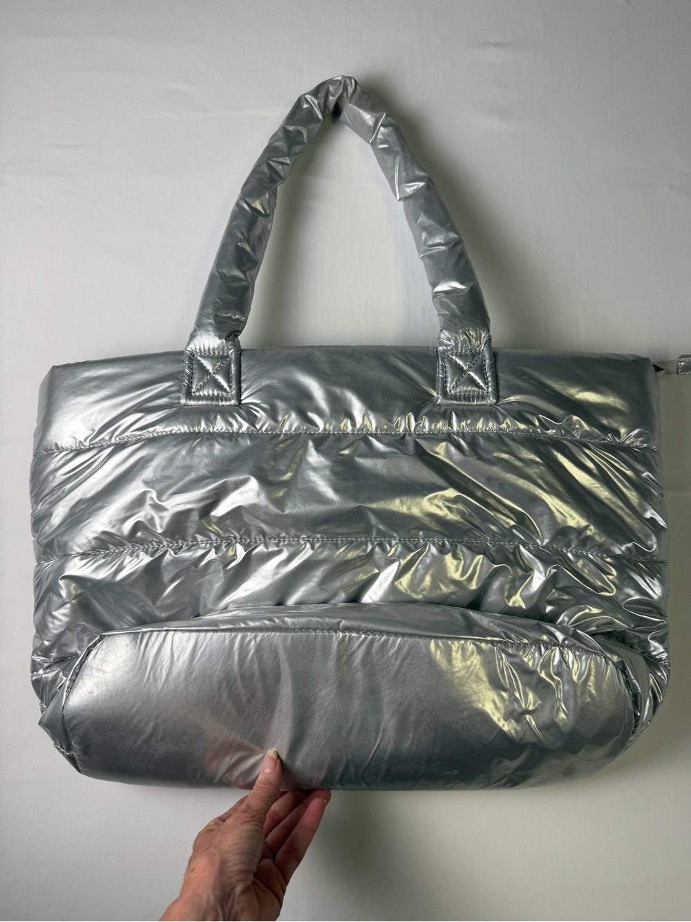 GAP Metallic Silver Puffer Tote - Minimalist Fun Statement Bag EUC